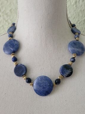 Signed Stauer Necklace Sodalite Blue Gemstone & Goldtone Spacers 20"
